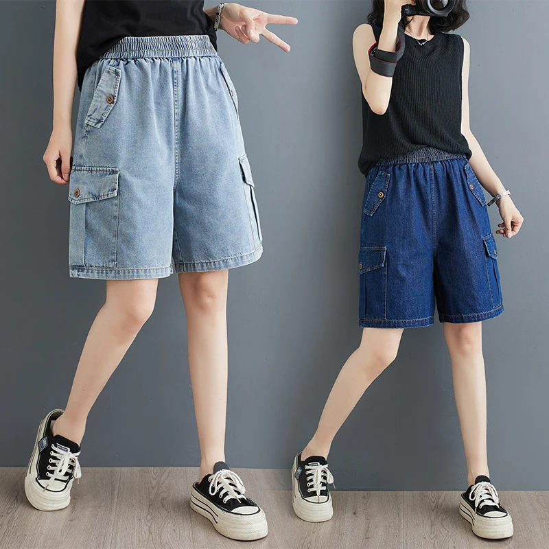 

Женские повседневные джинсовые брюки, лето 2024, широкие брюки с высокой талией и пятью кишечками, свободный крой, утягивающие эластичные талии