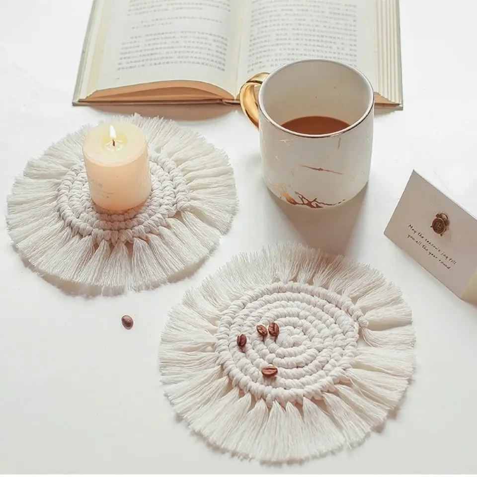 Handwoven Macrame Tassel Coasters Coffee Cup Pot Holder Pad Non-Slip Insulation Coffee Cup Pad Mats PlatePlacemat Table Mat