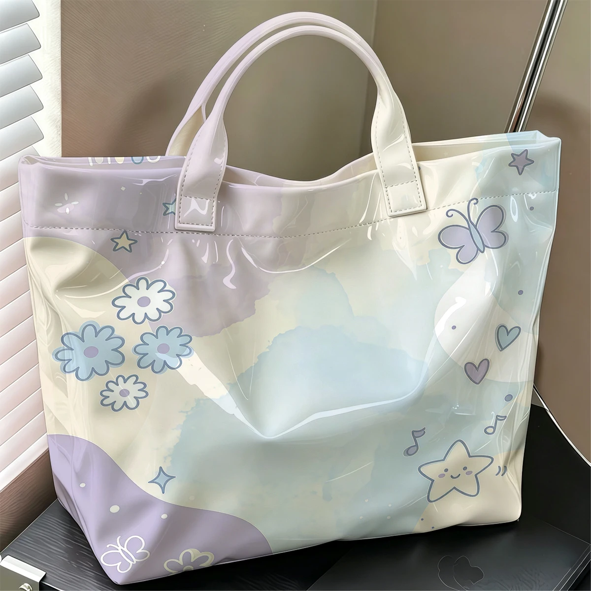 Pastel Dream Stylish Large Glossy PVC Tote Bag Washable Waterproof Durable Ideal for Travel Commute Cosmetics Books Handbags