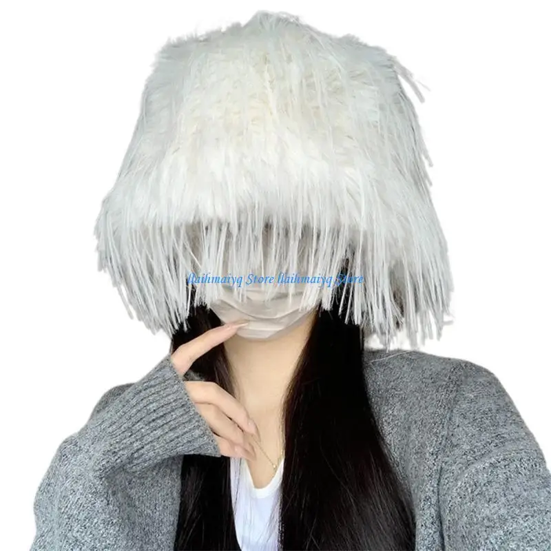 

573B Popular Plush Hat for Women Soft Beanie Hat Furry Tassels Hat Y2K Female Hat Girls Fisherman Cap Photography Bucket Cap