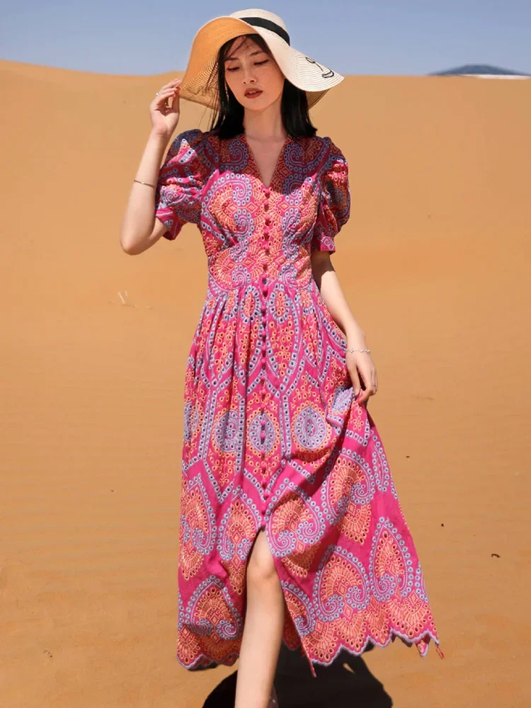 Gypsylady Boho Vintage Bordado Midi Vestido Algodão Rosa Puff Sleeve Sexy Férias Mulheres Boho Senhoras Praia Chic Vestidos Vestidos