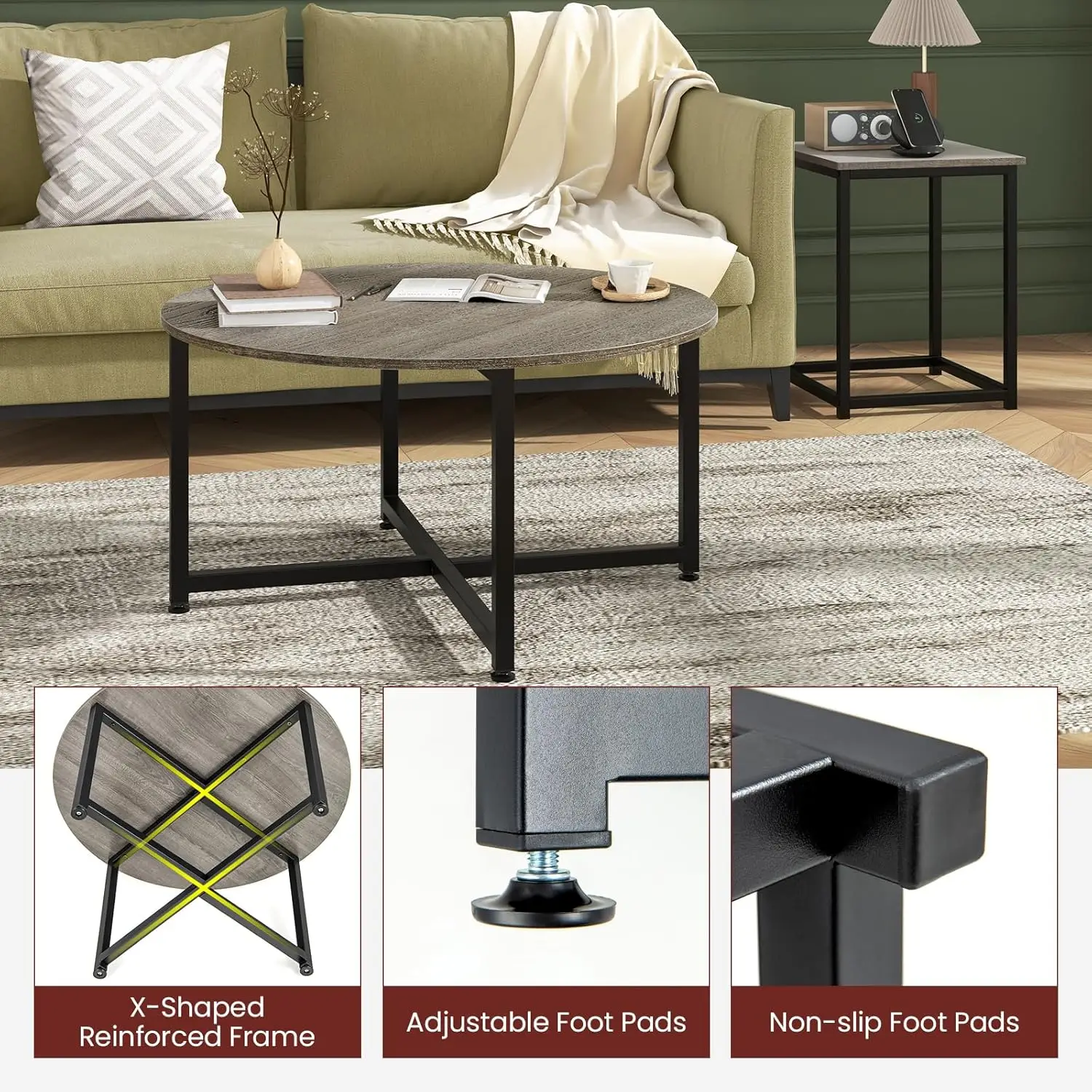 Round Nesting Table Set Of 3, Farmhouse Coffee Table W/2 End Tables, Sturdy Metal Frame, 3-Piece Wooden Living Room Table Set Fo