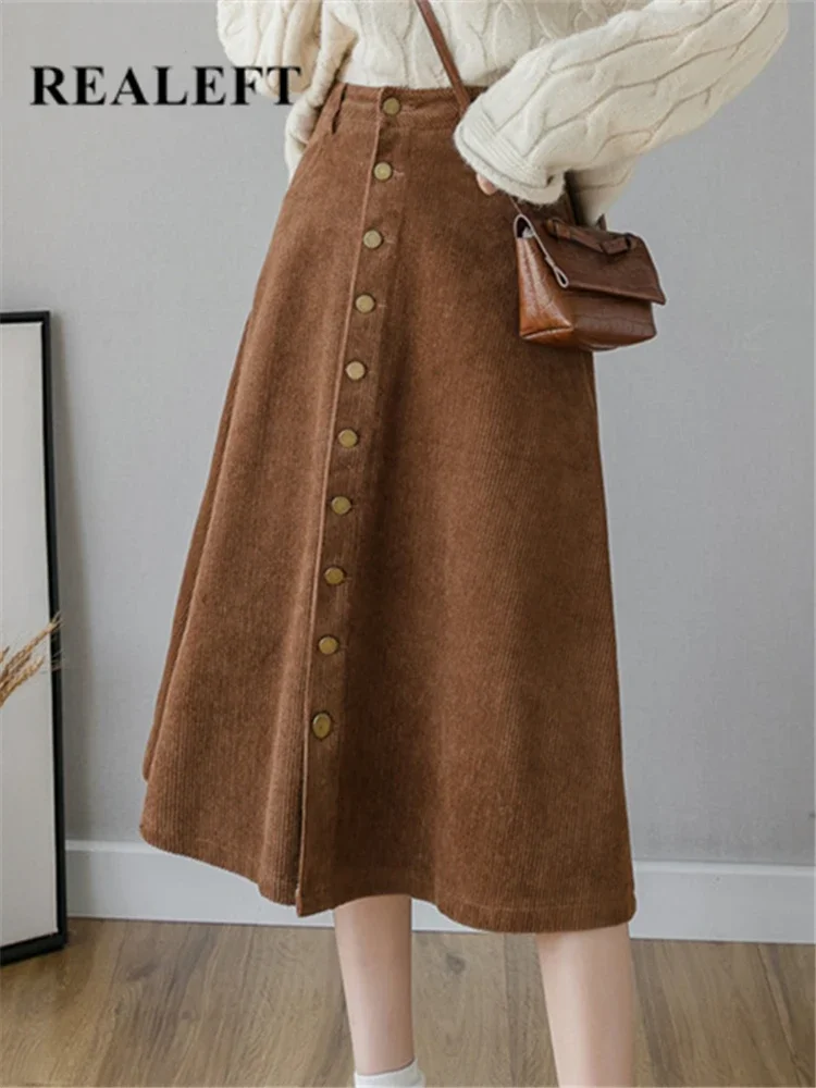 REALEFT Autumn Winter Corduroy Women A-Line Skirts 2023 New High Waist Solid Elegant Single Breasted Umbrella Midi Skirts Female