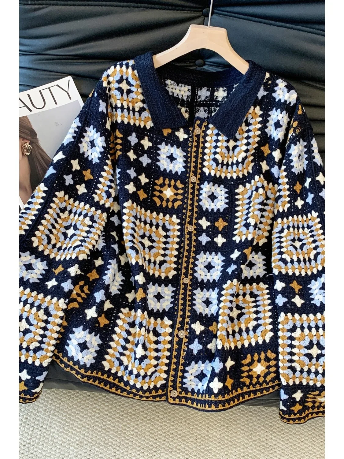 เสื้อคาร์ดิแกนไหมพรมถักลายดอกไม้แบบหลวม สไตล์ลำลองสำหรับผู้หญิง แขนยาวปานกลาง