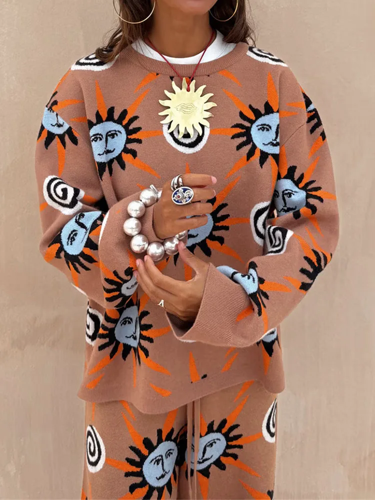 Nuevo Otoño Invierno Casual suelto 3 piezas trajes moda cuello redondo Tops y pantalón largo y cárdigan traje mujer elegante patrón estampado conjunto de felpa