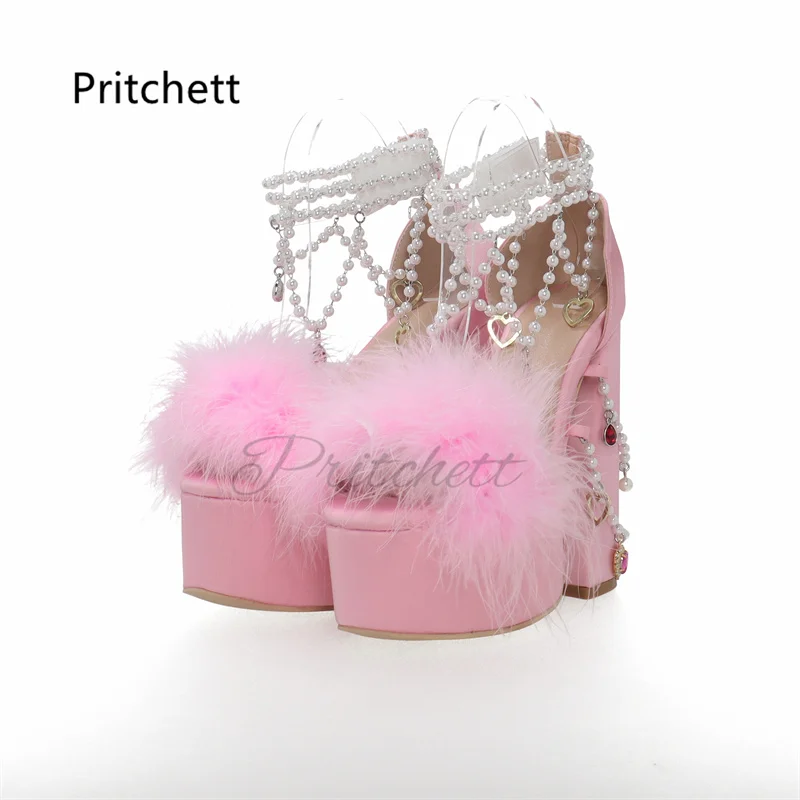 Pink Fur Pearl Chain Platform Sandals for Women 2023 New Summer Luxury Design Chunky Heel Elegant Fashion Sweet Wedding Shoes