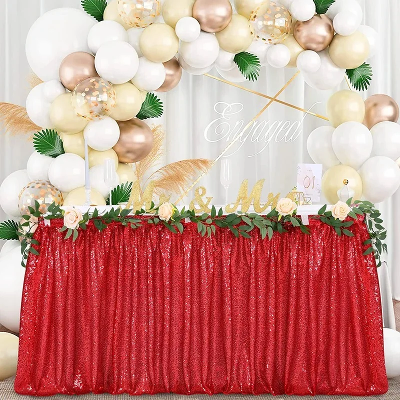 1PCS 10/20FT Long Red/Rose Gold Sequin Table Skirt for Round/Rectangle/Square Table for Birthday Party Wedding Christmas