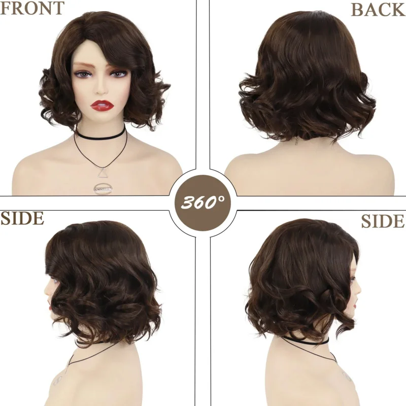 GNIMEGIL Synthetic Elegant Short Curly Wave Hair Brown Bob Wig Side Parting Wig for Women Natural Fluffy Daily Cosplay Party Use