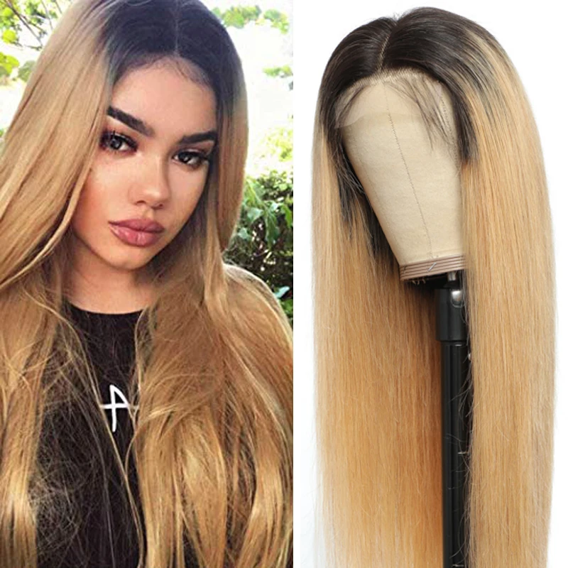 

Straight Lace Closure Human Hair Wigs T1B/27 Ombre Blonde Colored Lace Front Wig Brazilian Remy Hair Wigs For Women 150%