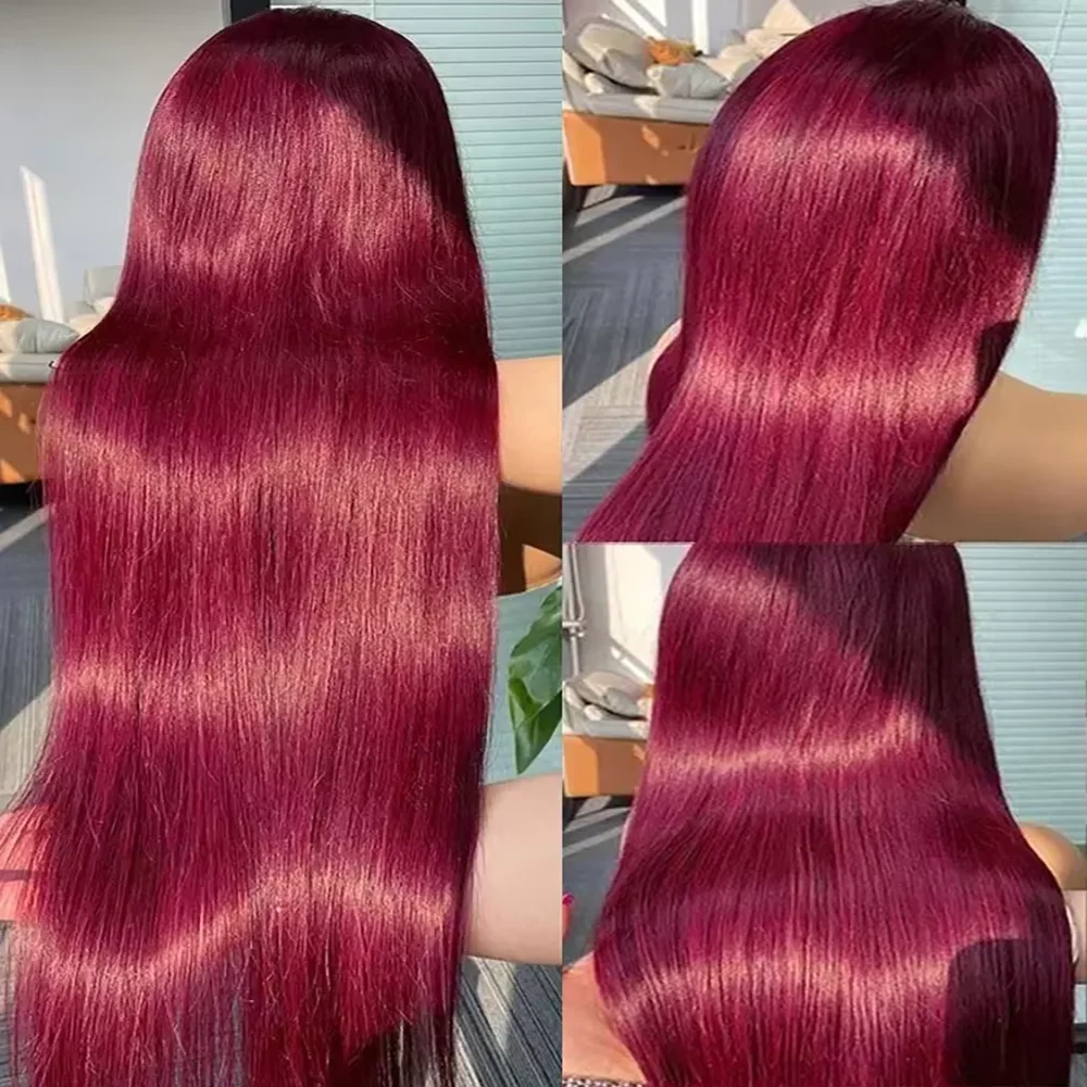 220 Density 40 46 Inches 13x4 Lace Frontal Wig 99J Burgundy Pre plucked Red Colored Bone Straight Wig 13x6 HD Transparent Lace Front Human Hair Wigs 13x4 Lace Frontal Wig 99J Burgundy Preplucked Red Colored Bone Straight Wig view 3