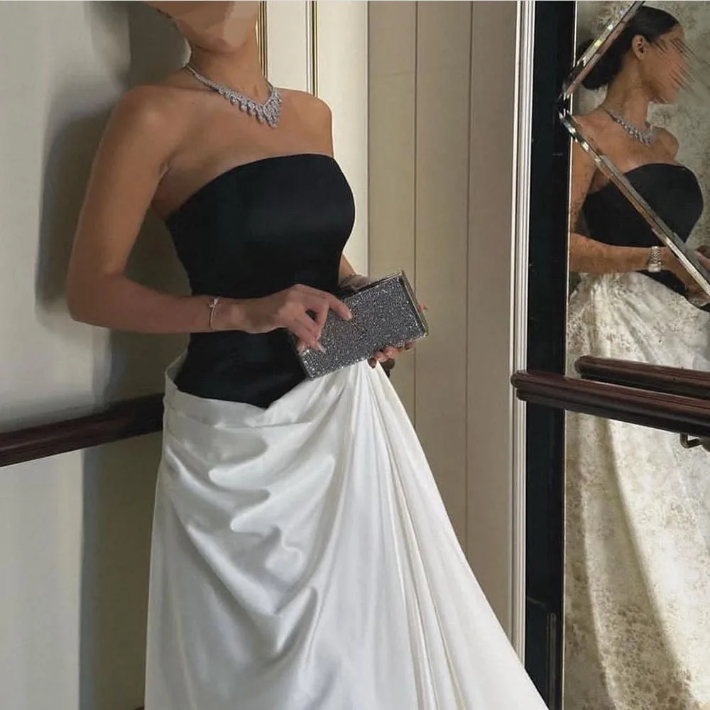 Moderno marfim cetim plissado sem alças vestidos de noite até o chão formal festa vestidos de baile