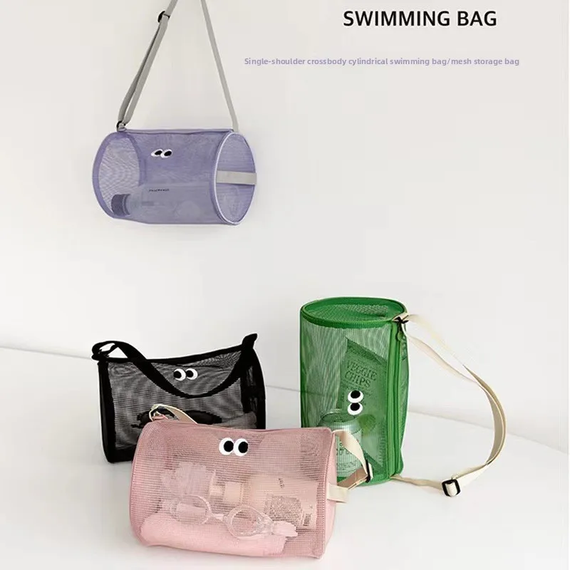 Fashionable Beach Bag, Crossbody Swimming Bag, Cylindrical Mesh Hollow Shoulder Travel Toiletry Storage Bag