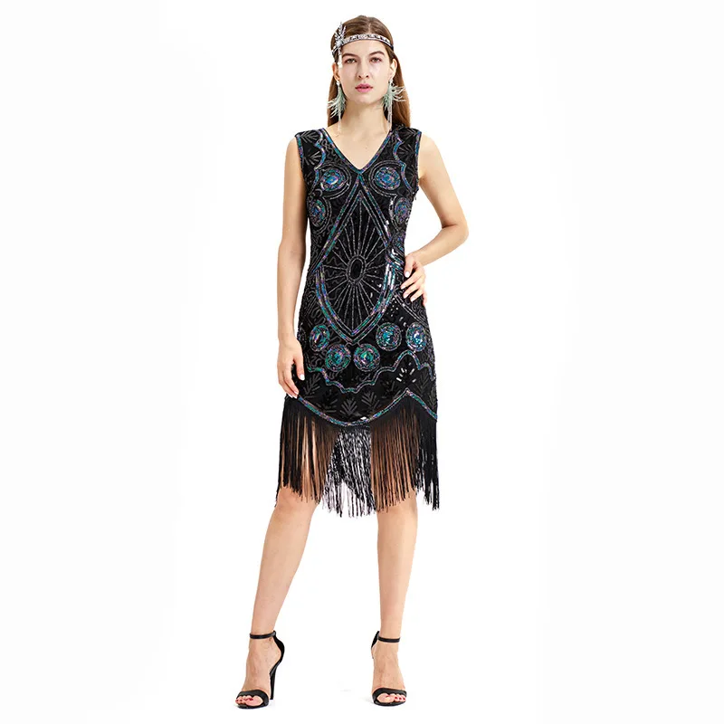 Retro 1920s Tassel Dress Handcrafted Sequin V-neck Dance Evening Gown Women's Fashion Spring Collection Polyester Material