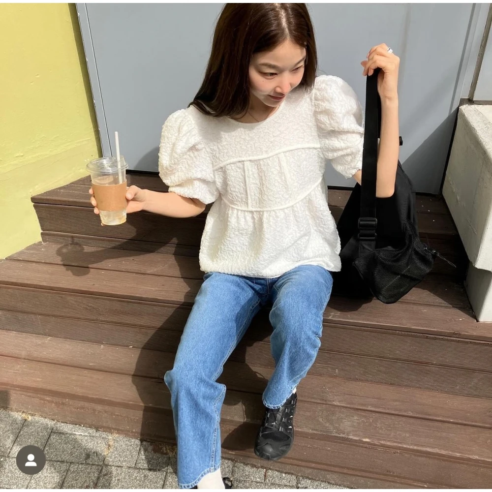 MICOAT Summer 25 Round Ne Bubble Sve Texture irt เสื้อผ้าผู้หญิงหวาน Sle ort Sve Casual Faion Top