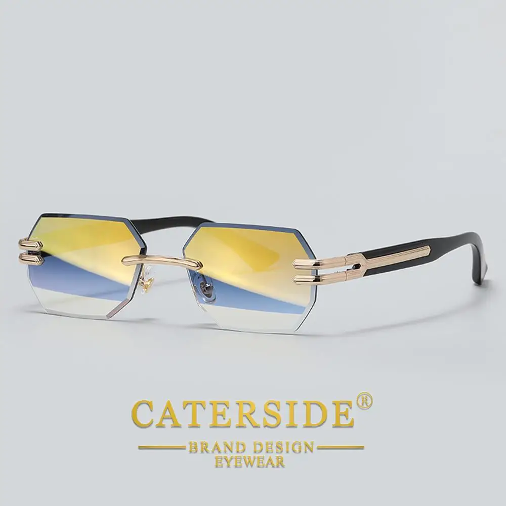CATERSIDE Neue rahmenlose Sonnenbrille für Herren, modische polygonale Spiegellinsen mit Farbverlauf, Metallrahmen, Damen-Party-Sonnenbrille für den Außenbereich – Detail 6