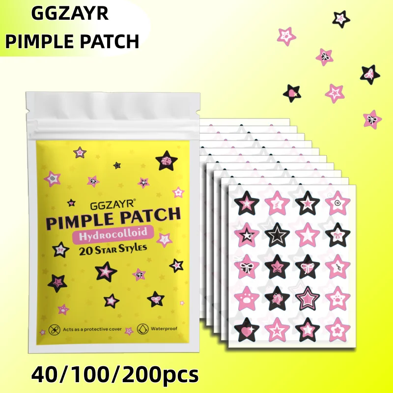40/100/200pcs Black & Pink Star Pimple Patches – Invisible Hydrocolloid Dots for All Skin Types