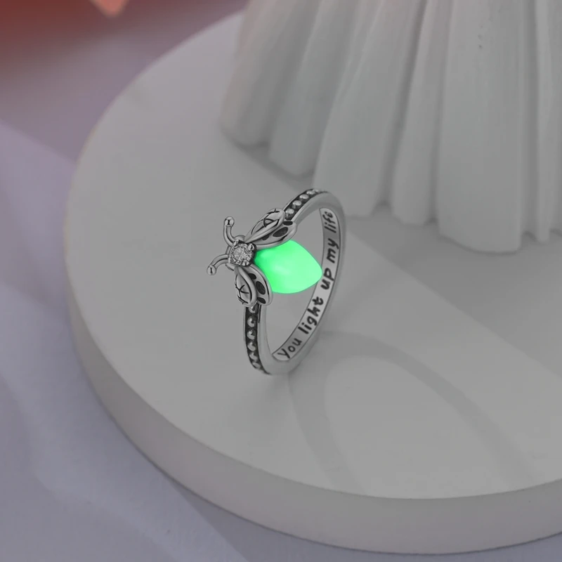 925 Sterling Silver Luminous Firefly Ring Glow-in-the-Dark Ring for Women Girls Daily Wear Birthday Valentine's Day Jewelry Gift