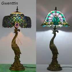 Tiffany Peacock Table Lights Led Bedside for Living Room Bedroom Desk Lamp Stained Glass Lighting Fixtures Luminaria Decoration