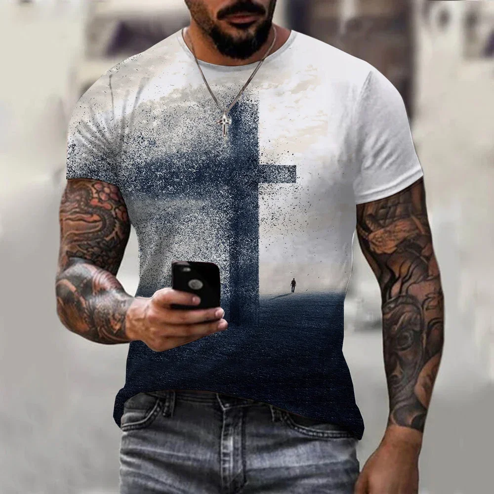 

New Summer Casual Men's Oversized Sports Round Neck Loose Top Clothing Jesus 3D Print T-shirt Sleeve Harajuku Street T-shirt