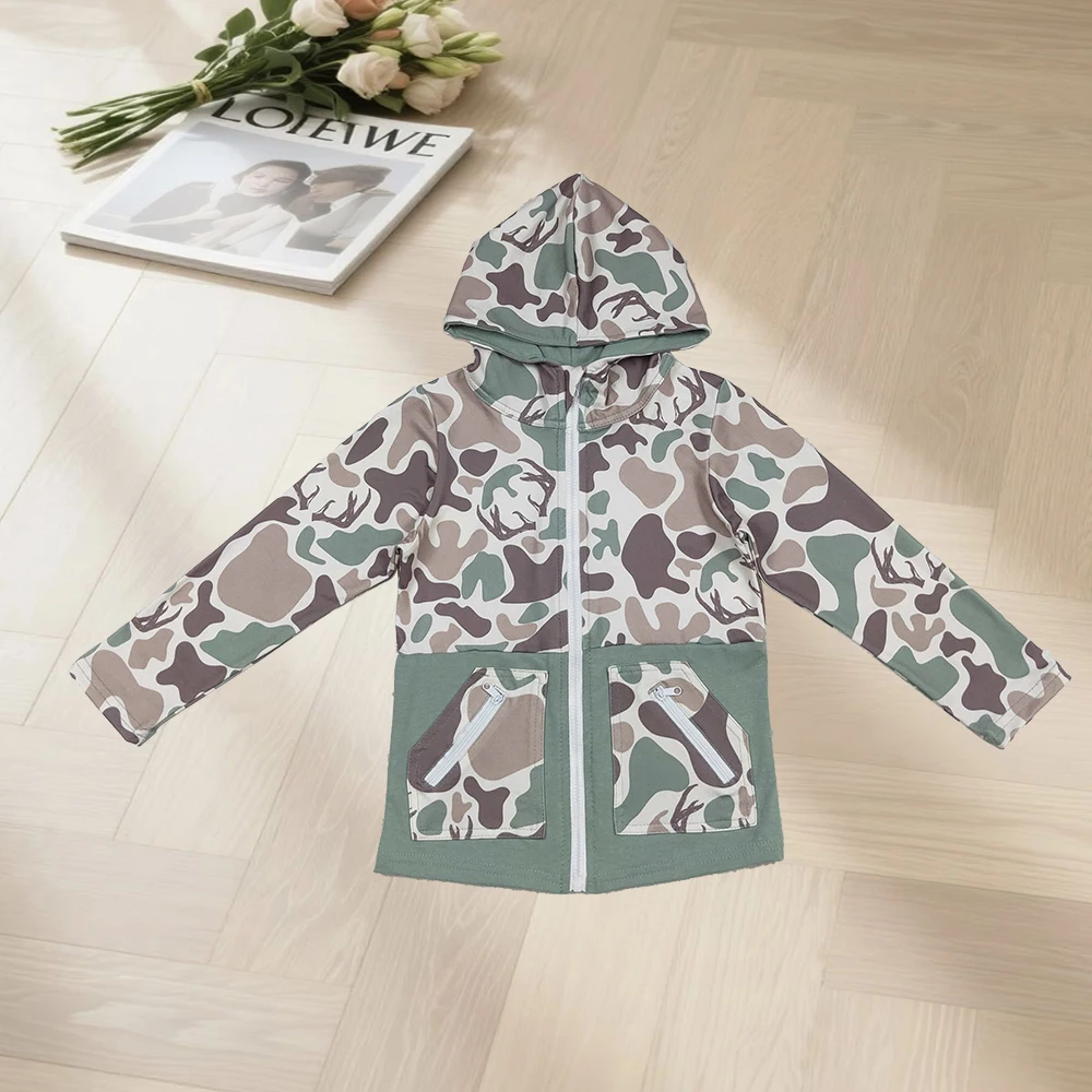 

9.30 Baby Boys Long Sleeve Tops Baby Boys Brown Deer Camo Pocket Zipper Western Hoodies Top