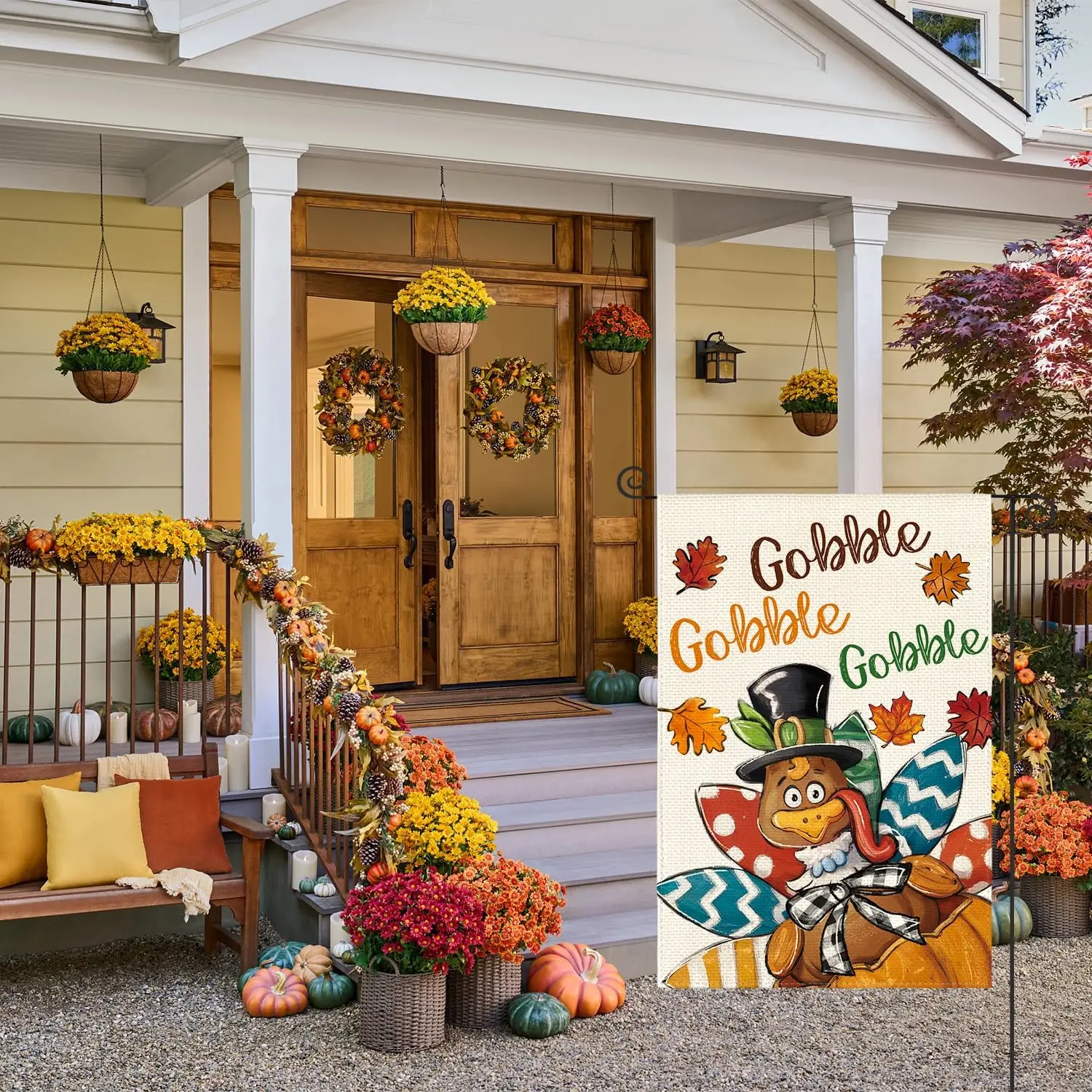 AVOIN colorlife Thanksgiving Turkey Garden Flag 12x18 Inch Double Sided Outside, Gobble Gobble Gobble Harvest Holiday Yard Outdo