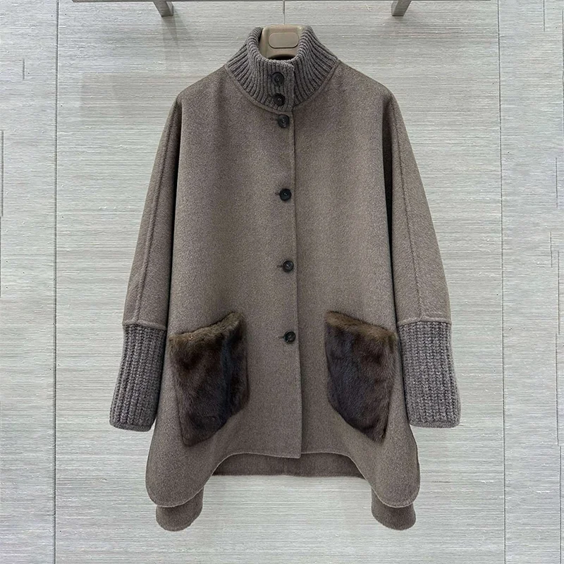 

Высококачественное женское вязаное двустороннее кашемировое шерстяное пальто с воротником-стойкой, длинными рукавами и меховыми карманами для плавки-водяника 2593094