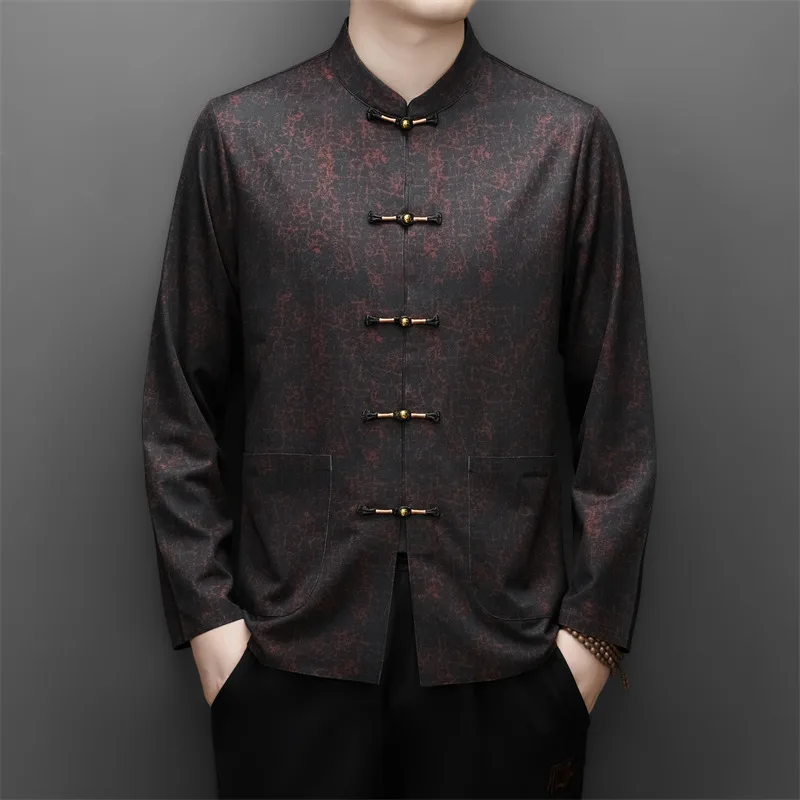 Softness Seamless Shirts For Men Long Sleeve Frog Button Pocket Autumn High-Quality Skin-Friendly Stand Collar Camisas De Hombre