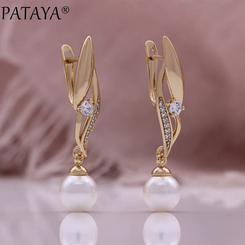 PATAYA Hot Fashion Flower Pearl Drop Earrings for Women 585 Rose Gold Color Mix Boho Ethnic Wedding Jewelry Gift