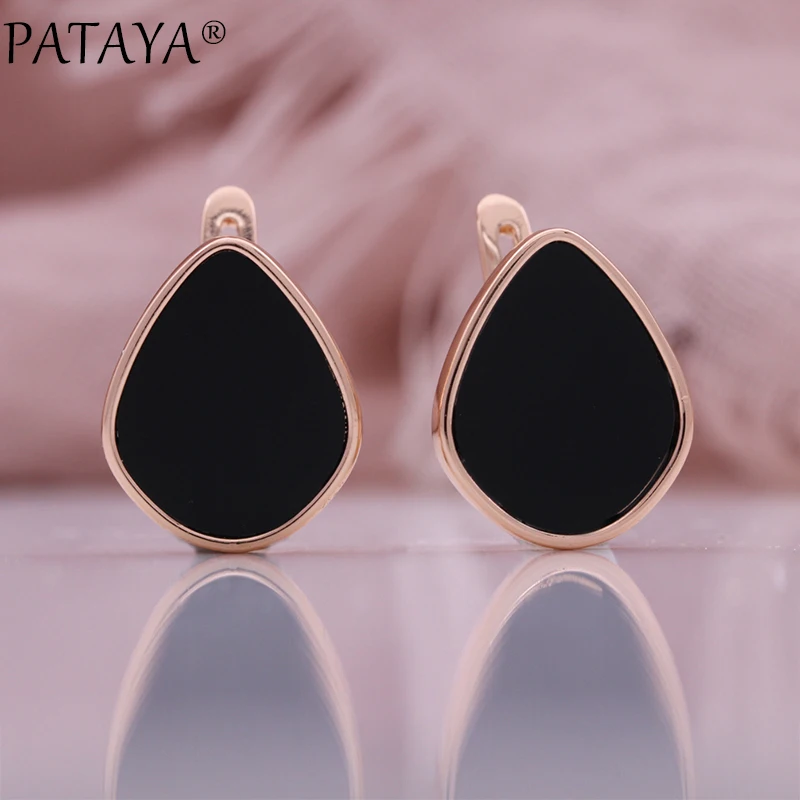 PATAYA New Black Natural Zircon Earrings For Women 585 Gold Color Oil Dripping Cute English Earrings Party Wedding Fine Jewelry