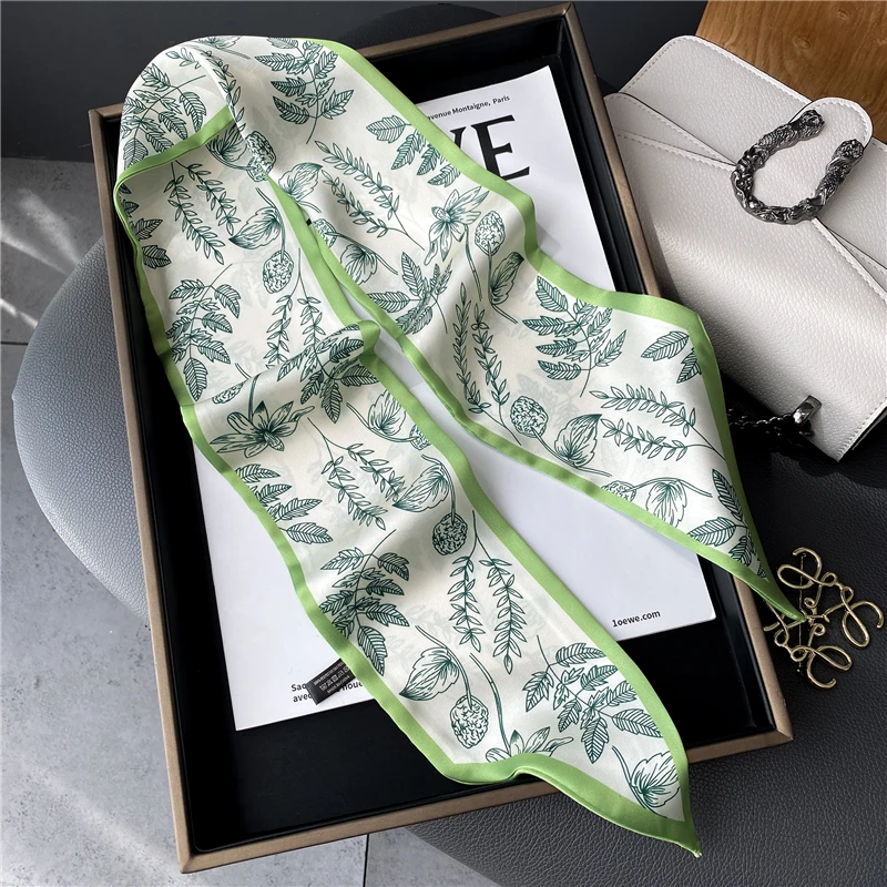 Popular Silk Satin Skinny Ribbon Headband Scarf Women Summer Print Houndstooth Long Hair Hand Bag Wrist Belt Foulard Scarves