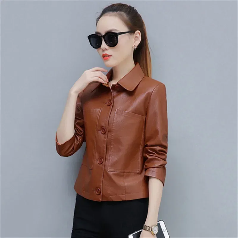 Leather Jacket Women Caramel 3XL 4XL Plus Size Short Slim PU Coat 2024 New Spring Autumn Korean Fashion Chic Moto Clothing