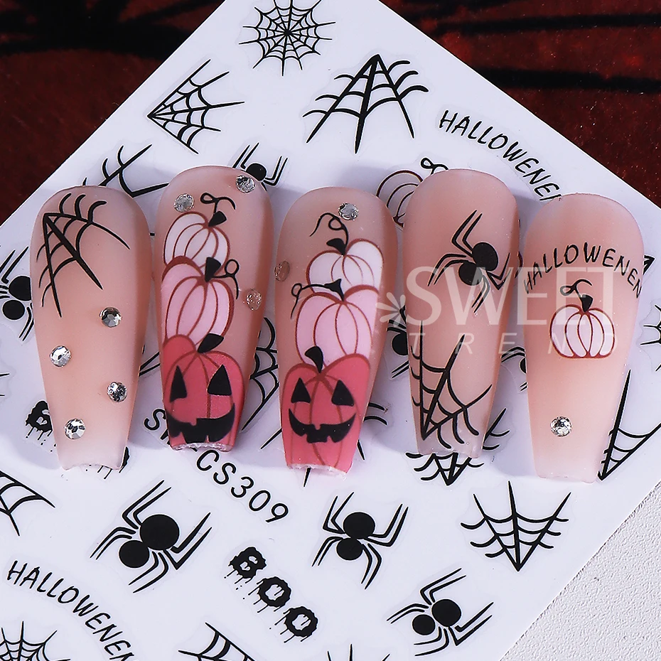 3 pçs halloween aranha web adesivos de unhas 3d auto adesivo dos desenhos animados fantasma aranha morcego abóbora decalques de unhas diy manicure decoração
