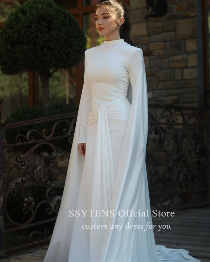 SSYTENS Long Sleeves Wedding Dresses High Neck Arabic Dubai Islamic Bridal Gowns With Shawl Chic Bespoke Muslim Long Bride Dress