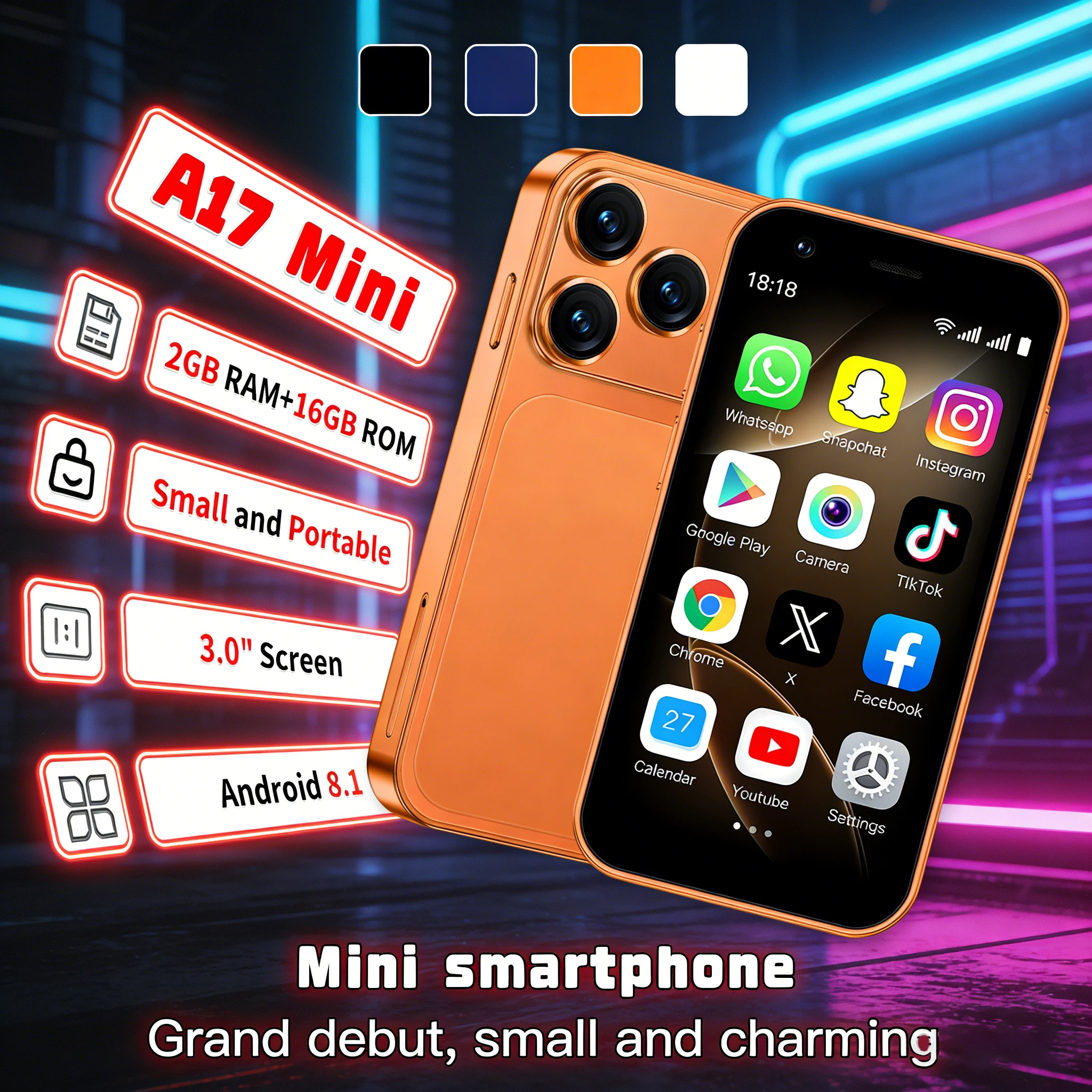A17 Mini Smartphone Outdoor Portable Mini Phone 3-inch 3G 2 16GB Compact and Portable Android 8.1 Global Version