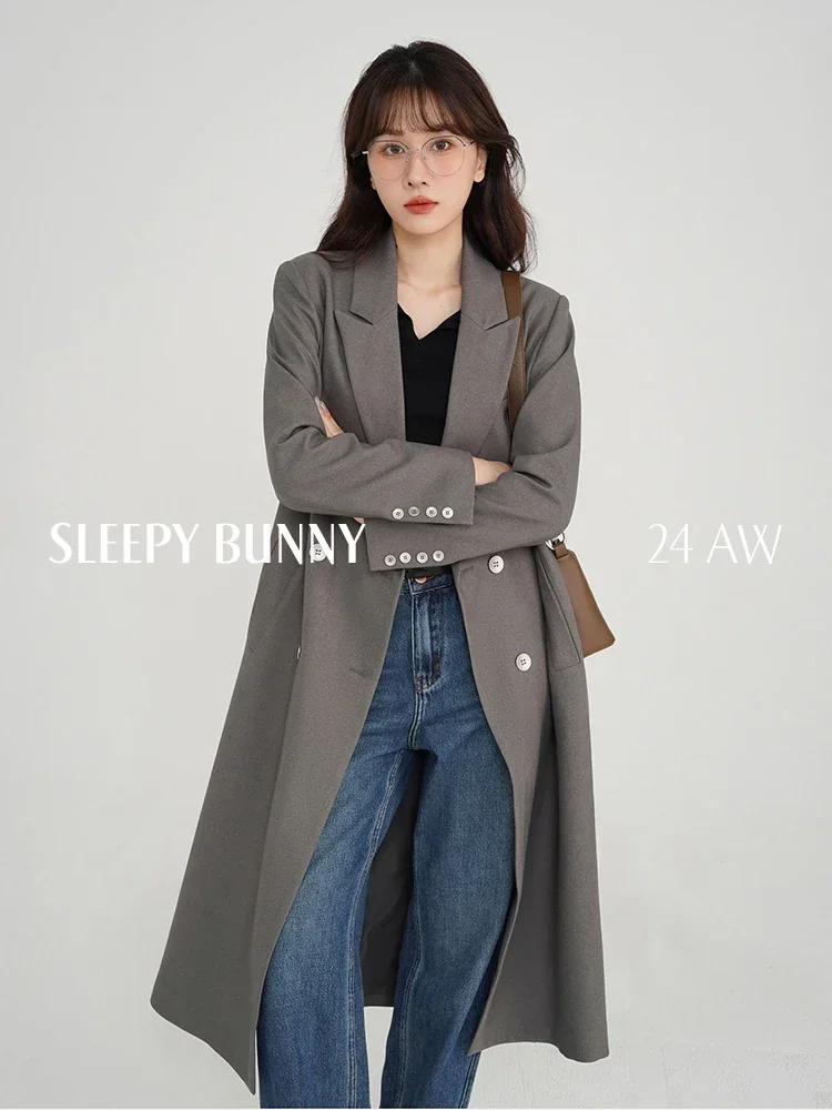 

Retro Style Gray Blazer Trench Coat Petite Women Fall Loose Fit Overcoat Korean Style 2024 Casual Mid-Length Elegant Outerwear