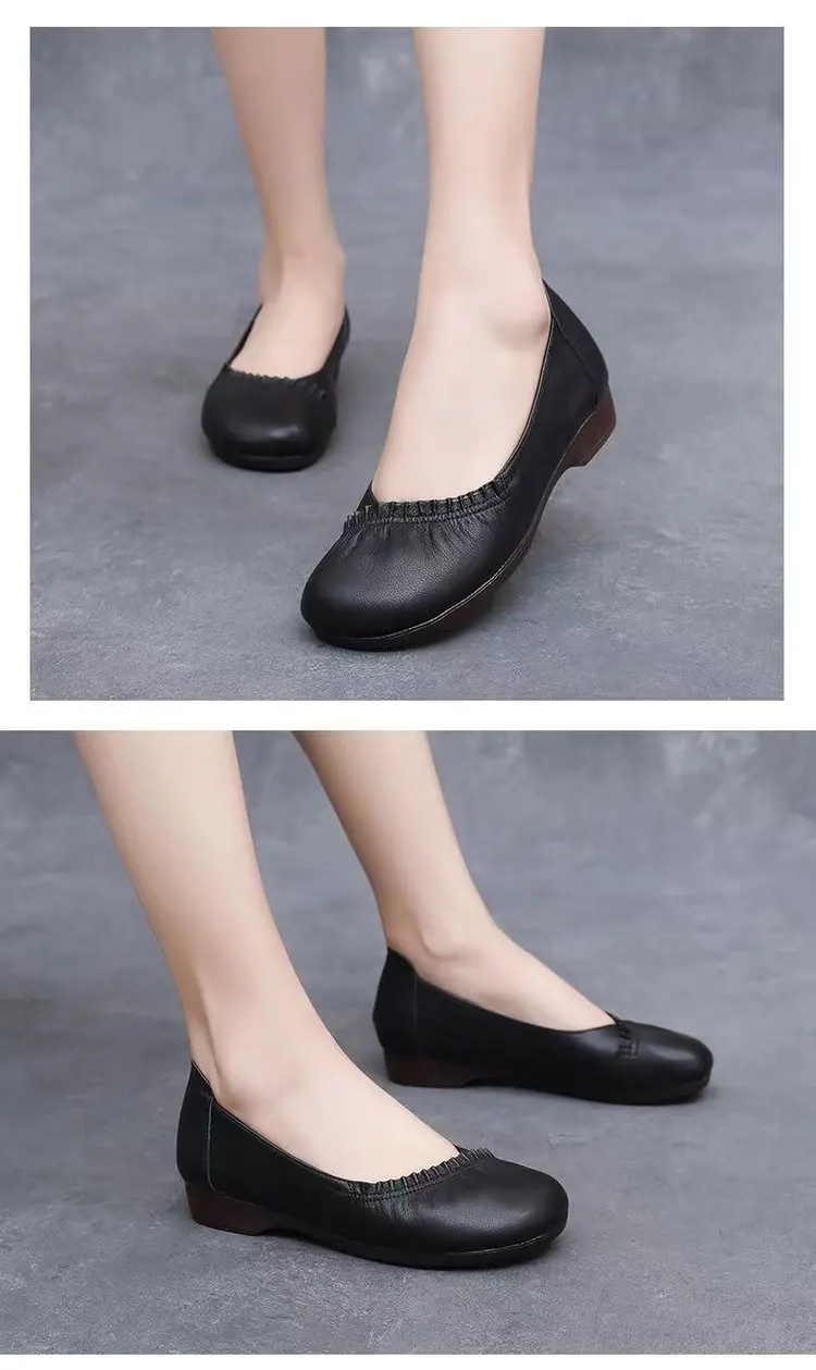 Elegante Damen-Ballerinas aus Leder mit Raffung, Bequeme Flache Slip-on Schuhe, Lässige Büro-Flats für Damen – Detail 4