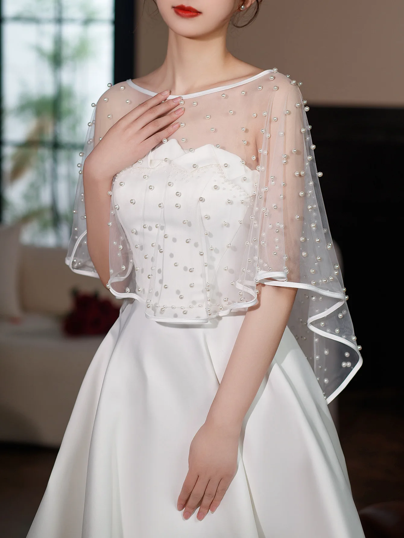 Elegant Scoop Collar Pearl Beaded Wedding Shawl Ribbon Edge Front Short Long Back Wrap for Wedding Accessories