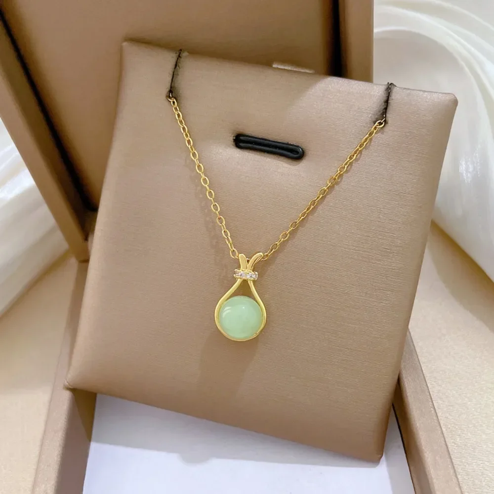 Stainless Steel Chain Vintage Simple Green Stone Bag Pendant Necklaces for Women Girls Jewelry Accessories Daily Birthday Gifts