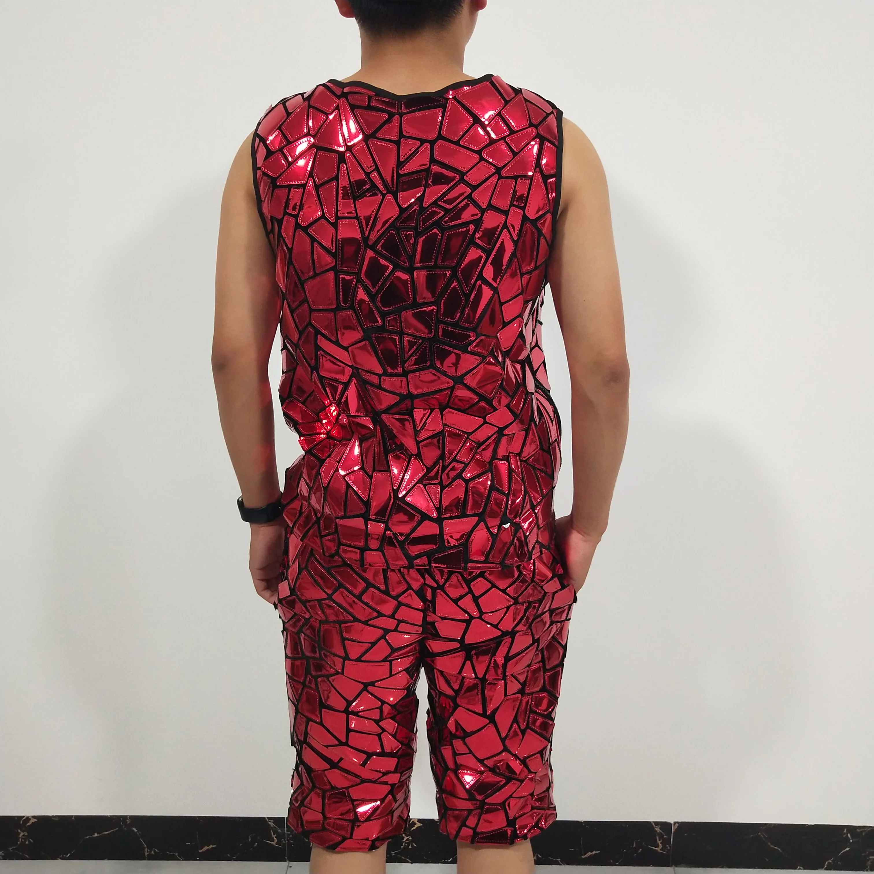 الأحمر الليزر الترتر لامعة سترة السراويل قطعتين مجموعة الذكور الهيب هوب الجاز ملابس رقص مجموعة نادي حفلة كرنفال تظهر مهرجان الملابس