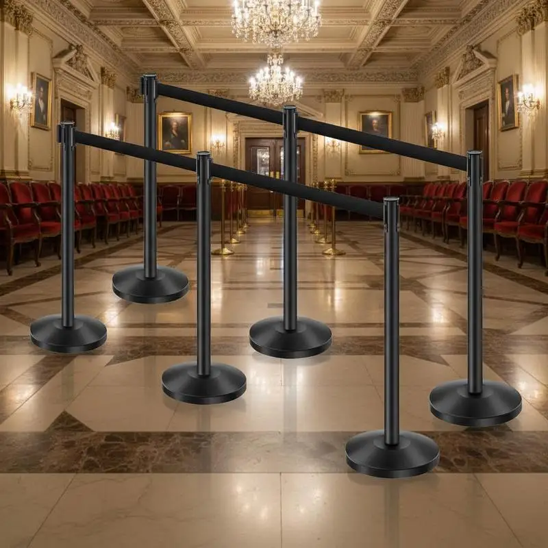 

Carbon Steel Queue Barrier 6 Pcs For Theaters Parties Weddings Retractable Belt Crowd Control Post Sand Fillable Base Black Finish 35 Inch Height