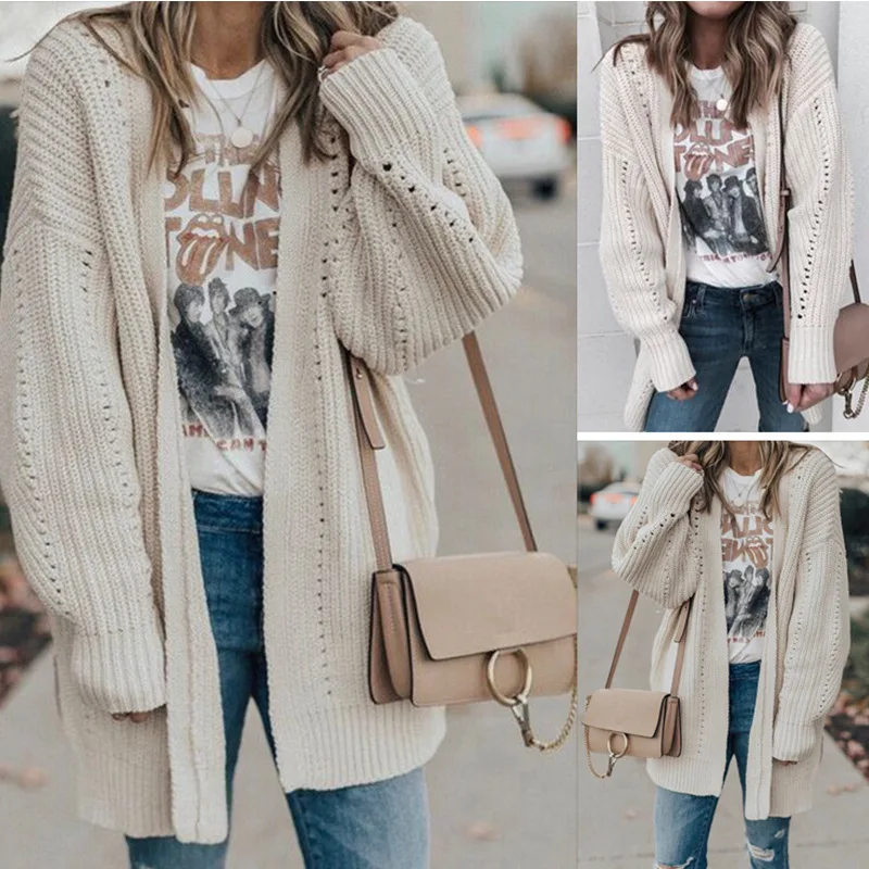 Nice Pop autumn and winter European and American women's hollow medium length loose cardigan sweater