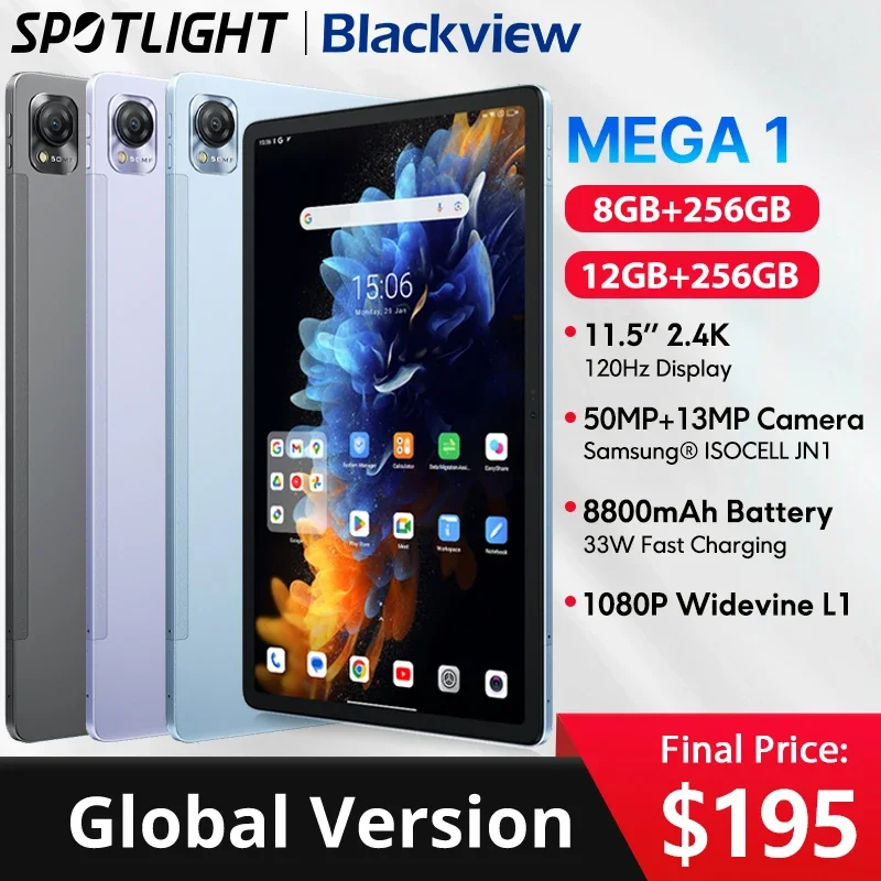 【World Premiere】Blackview MEGA 1 Tablet 11.5 inch 2.4K 120Hz Display 12GB 256GB 8800mAh 50MP+13MP Camera 33W Fast Charging Pad