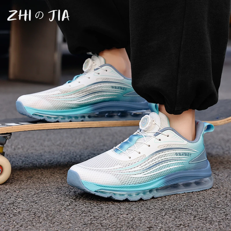 Men's Rotating Buckle Knitted Air Cushion Sneaker Four Seasons Wear resistant Anti slip Extra Large Shoes Mesh Breathable Shoes