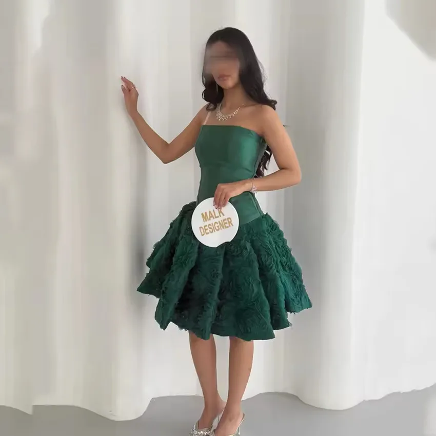 

Customized Womens Dresses for Special Occasions Green Lace Flower Knee Length Prom Dress Strapless Mini Party Dresses