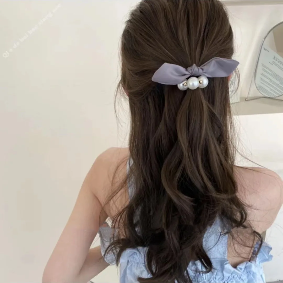 Pearl Bow Hair Ties French Vintage Elegant Elastic Ponytail Holders for Women Back of Head Minimalist Daily