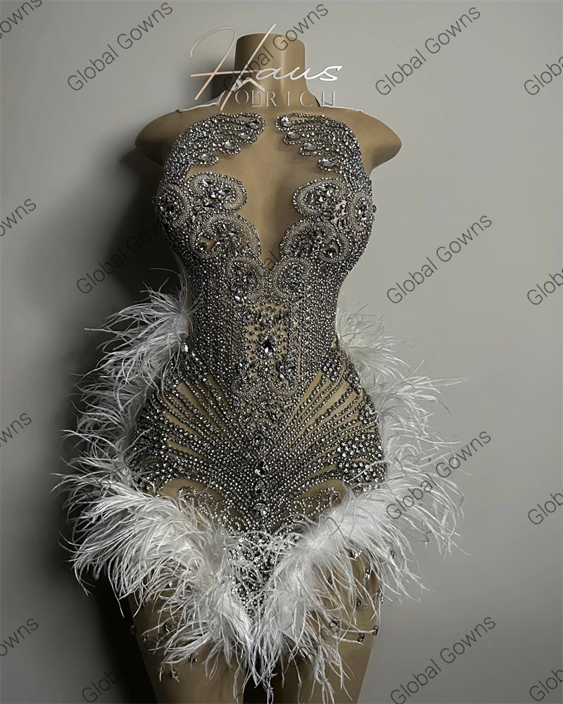 Luxury Silver Diamonds Short Prom Dresses Black Girls Sparkly Beads Rhinestone Crystal Feathers Birthday Cocktail Customized