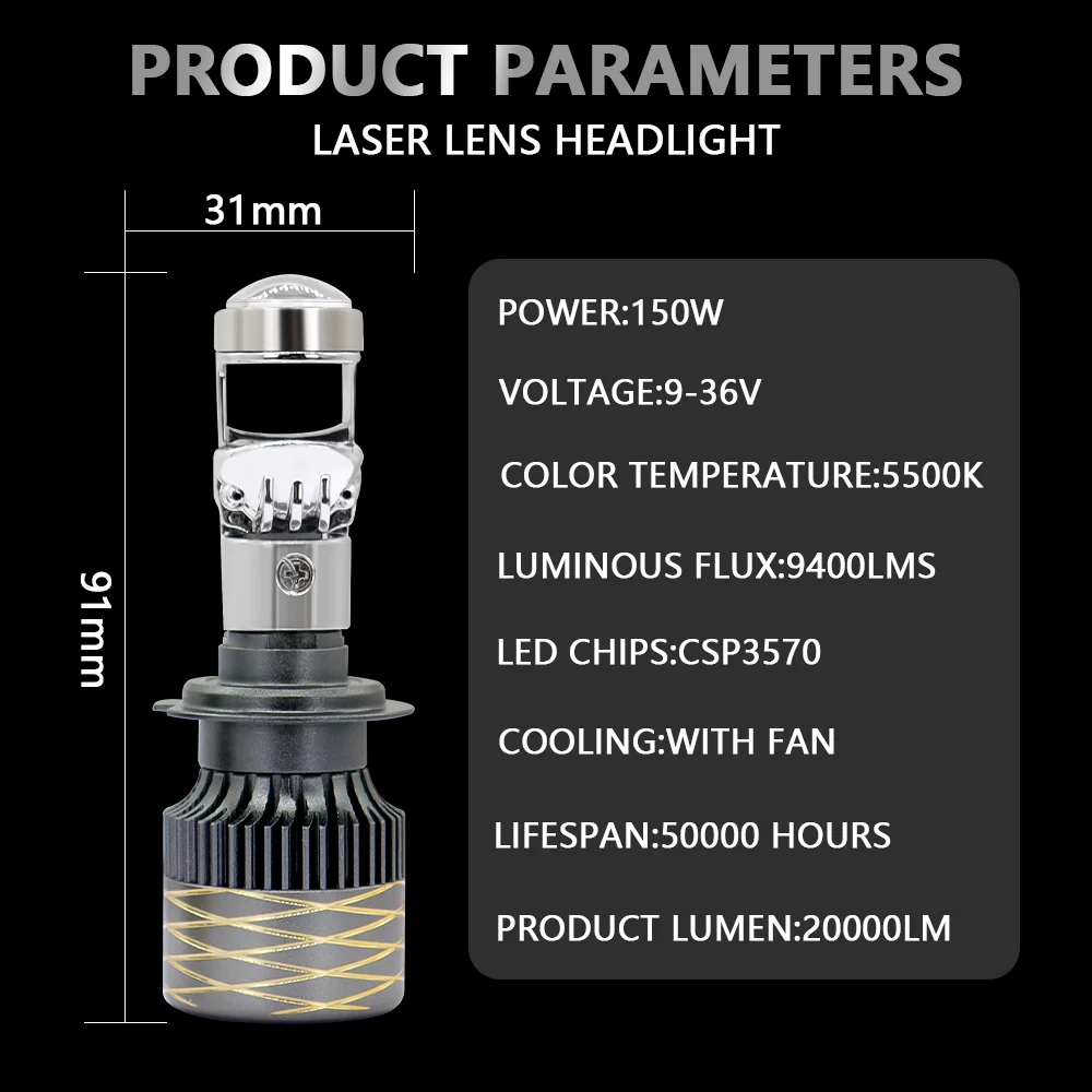 2PCS Bi LED H13 H4 9004 9007 Work Light Canbus Car Headlight Mini Lens LED Projector Bulb 6000K Auto Motorcycle Mini Lens 12/24V