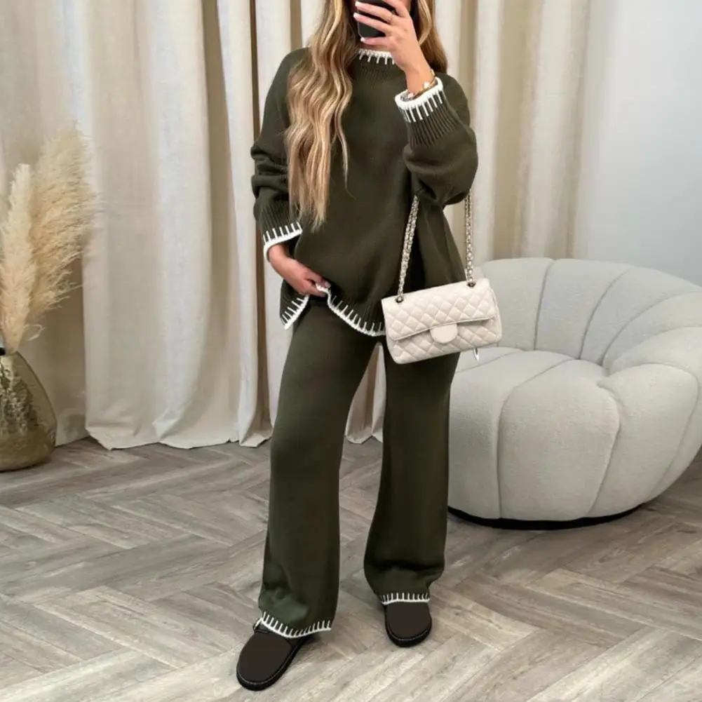 Two Piece Set Women Knit Sweater Wide Leg Pants Set Pullover Tops Elastic High Waist Straight Pants Lounge Wear Striped Tracksui