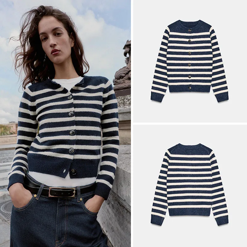 

Soft Long Sve Women's Knitted Coat New Arrival Autumn Season Casual Sle round Ne Regular Length Striped Pattern