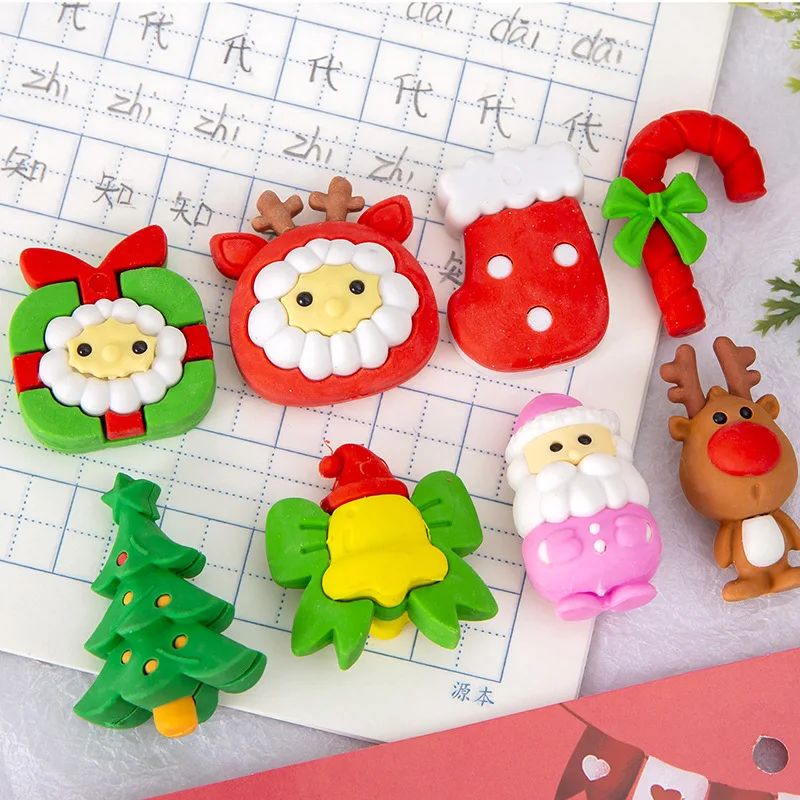 6 Set  Christmas Reindeer Grandpa Gift Rubber Eraser Set, Student Children Prizes, Rewards, Stationery Wholesale